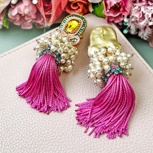Auffällige Soutache-QuastenOhrringe in Pink, Türkis und Perlmutt
