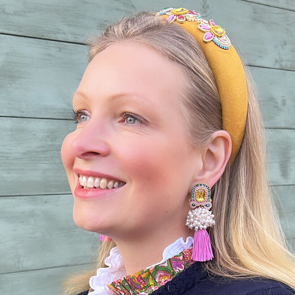 Auffällige Soutache-QuastenOhrringe in Pink, Türkis und Perlmutt