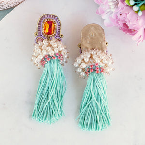 Auffällige Soutache-QuastenOhrringe in Türkis, Flieder und Orange