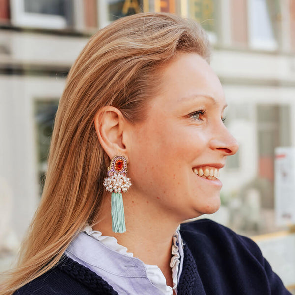 Auffällige Soutache-QuastenOhrringe in Türkis, Flieder und Orange