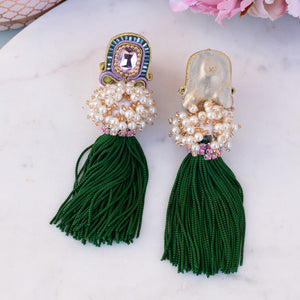 Auffällige Soutache-QuastenOhrringe in Flieder, Rosa und Grün