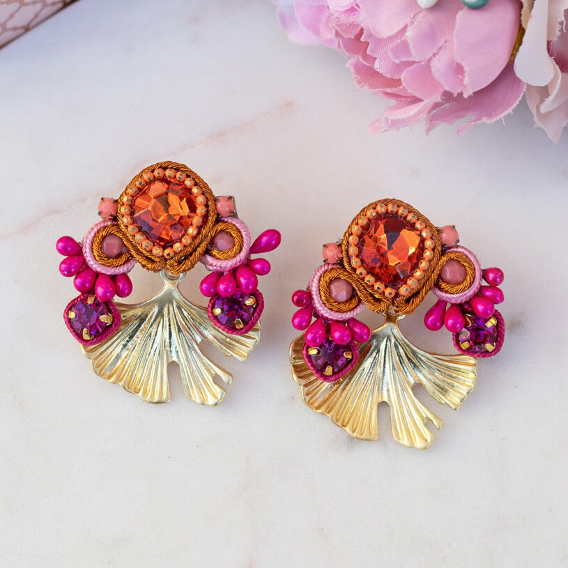 Blatt-SoutacheOhrringe in Orange, Pink und Rosa