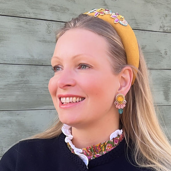 Kleine bunte Soutache-Ohrringe in Gelb, Rosa und Blau