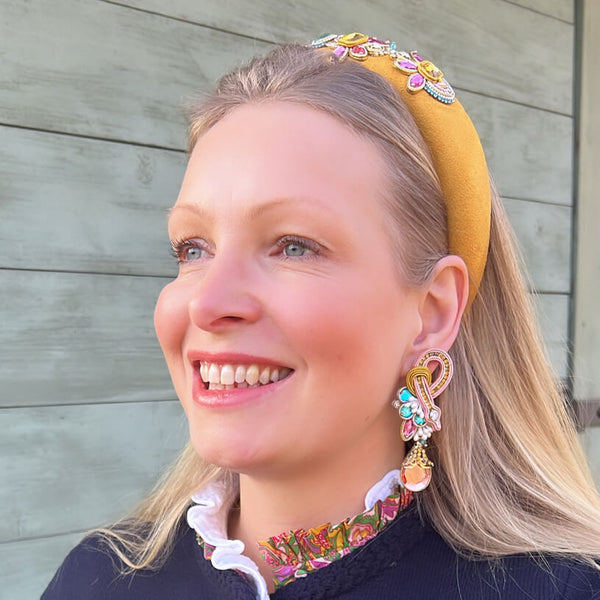 Exotische Soutache-Ohrringe in Gold, Pink und Blau