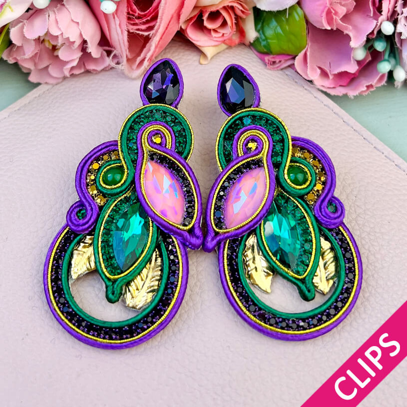 Individuelle Soutache-Ohrclips in Violett und Grün