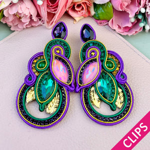 Individuelle Soutache-Ohrclips in Violett und Grün