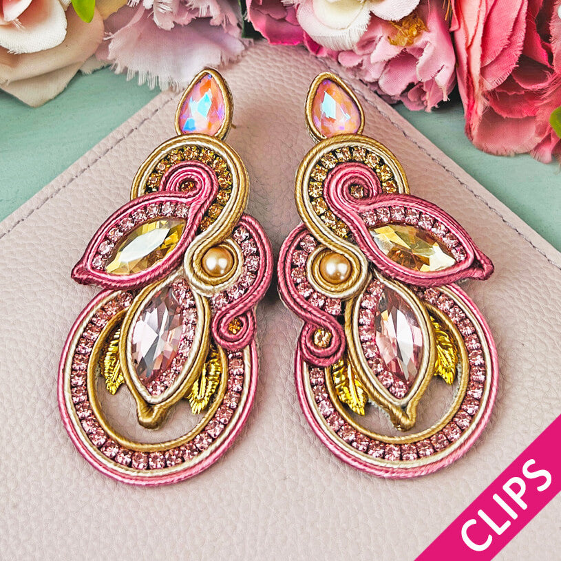 Individuelle Soutache-Ohrclips in Rosa, Pink und Gold