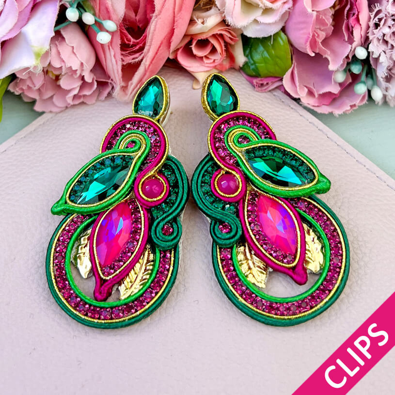 Individuelle Soutache-Ohrclips in Pink und Grün