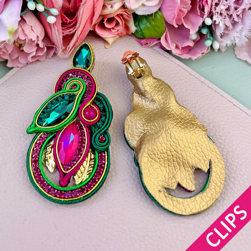 Individuelle Soutache-Ohrclips in Pink und Grün