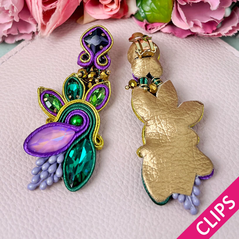 Extravagante Soutache-Ohrclips in Violett und Grün
