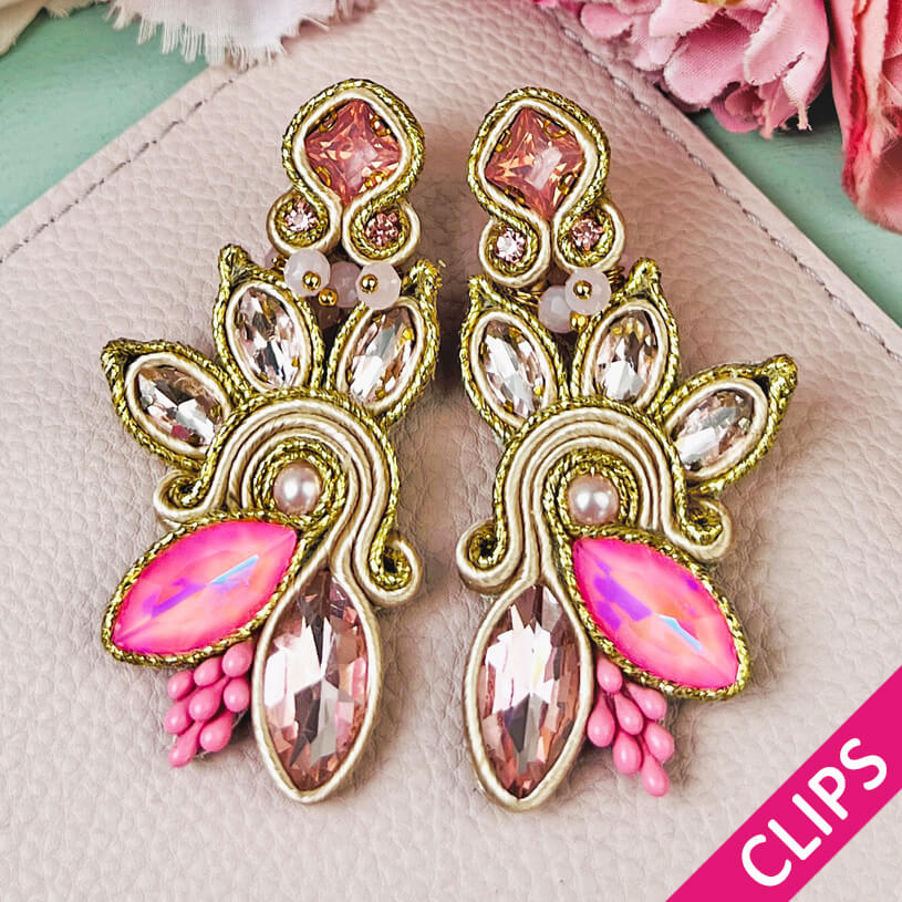 Extravagante Soutache-Ohrclips in Rosa und zartem Gold
