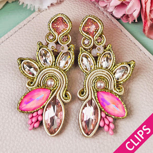 Extravagante Soutache-Ohrclips in Rosa und zartem Gold