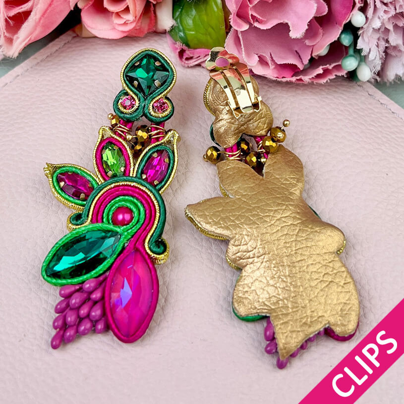 Extravagante Soutache-Ohrclips in Pink und Grün