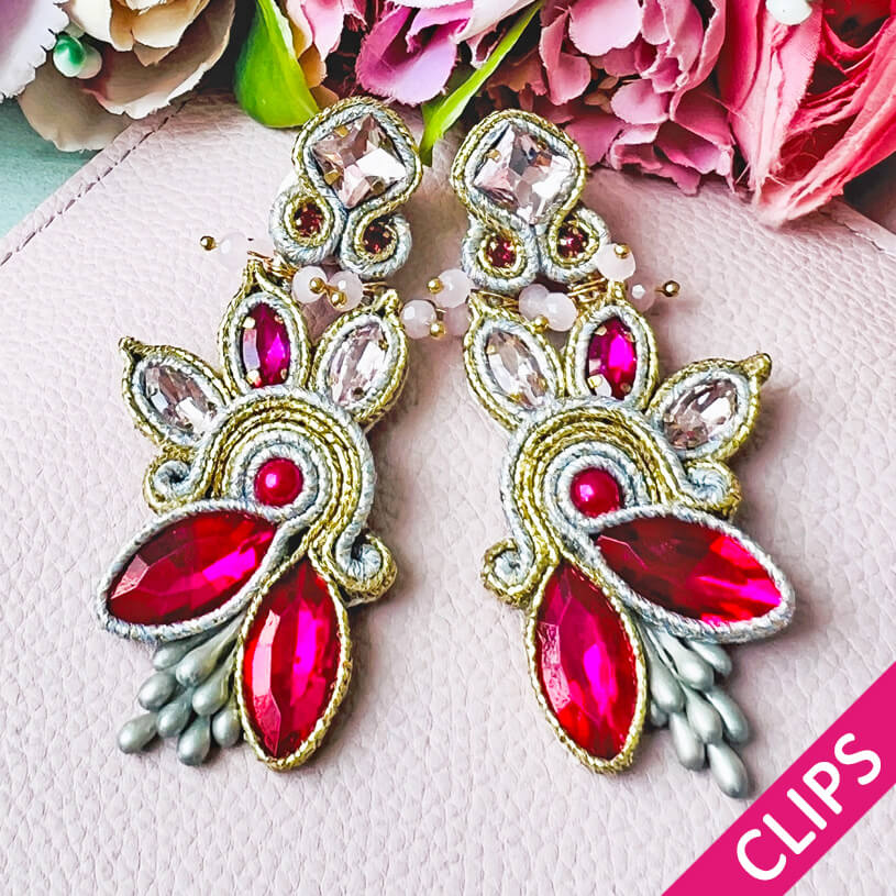 Extravagante Soutache-Ohrclips in Rosa und Champagner