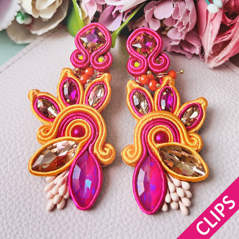 Extravagante Soutache-Ohrclips in Orange und Pink