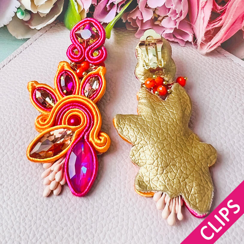 Extravagante Soutache-Ohrclips in Orange und Pink