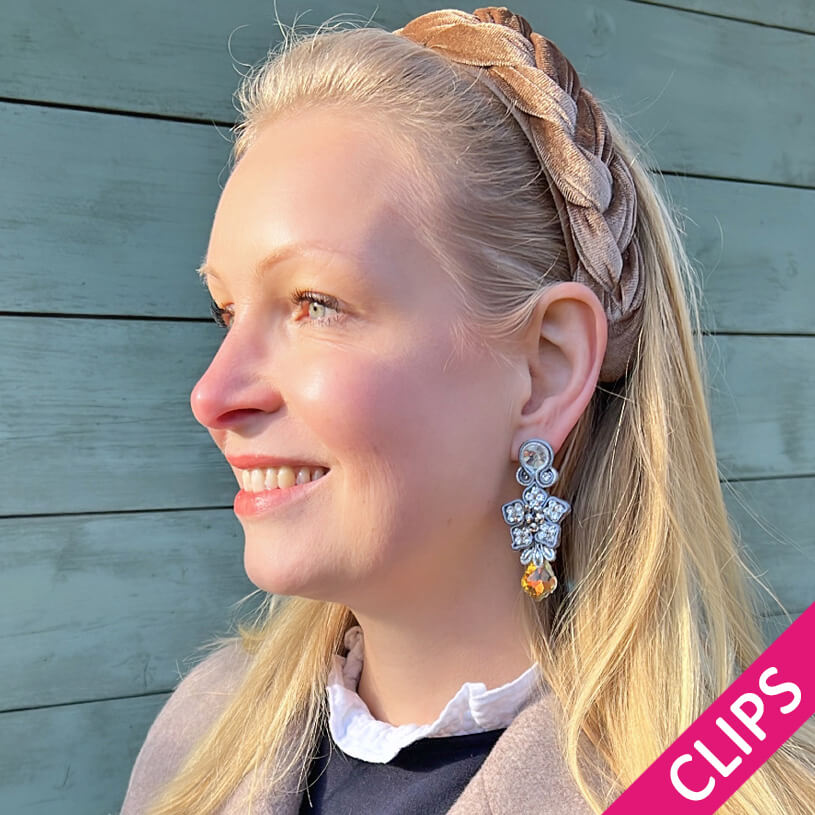 Besondere Schneekristall-Soutache-Ohrclips in Silber
