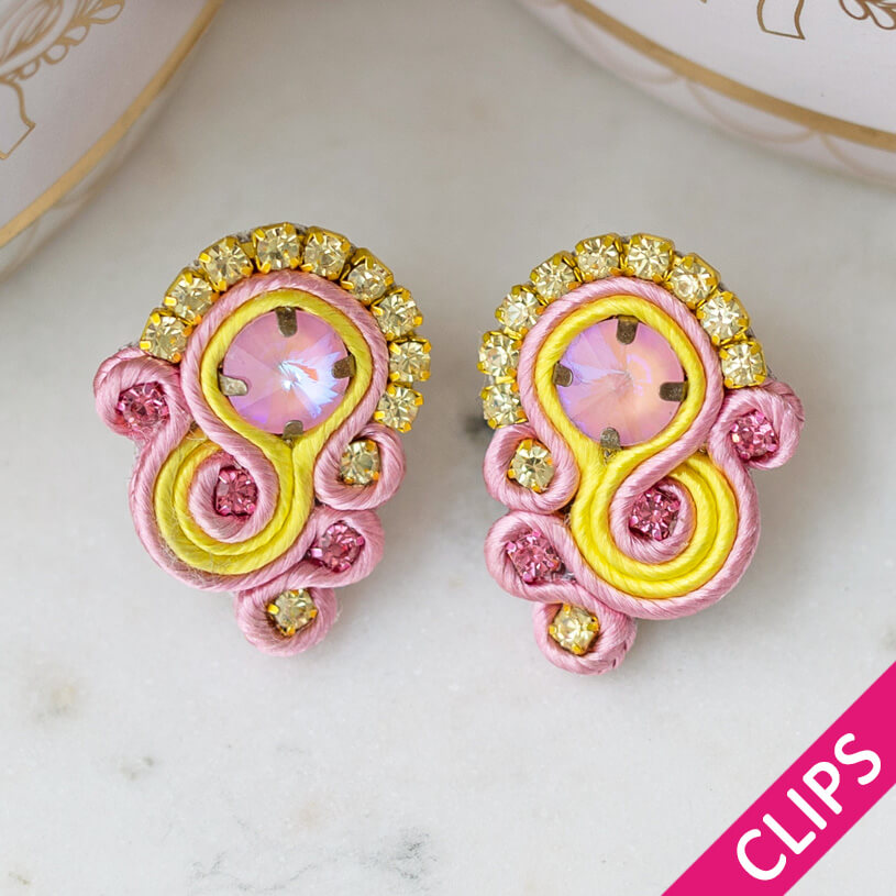 Kleine Soutache-Ohrclips in Rosa und Gelb