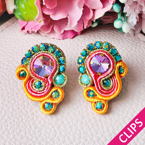 Schöne Soutache-Ohrclips in Orange und Türkis
