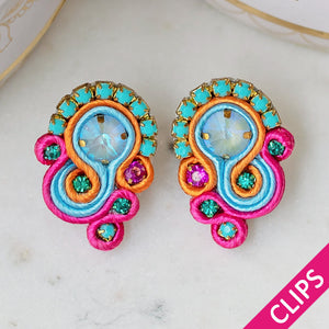 Kleine Soutache-Ohrclips in Pink, Orange und Hellblau