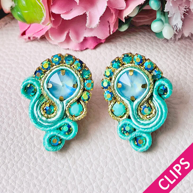 Schöne Soutache-Ohrclips in Türkis