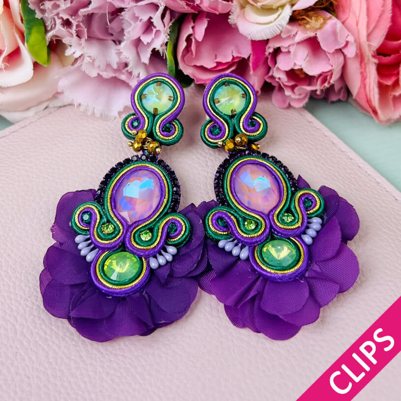Außergewöhnliche Soutache-Ohrclips in Violett und Grün