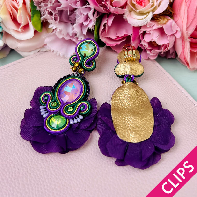 Außergewöhnliche Soutache-Ohrclips in Violett und Grün
