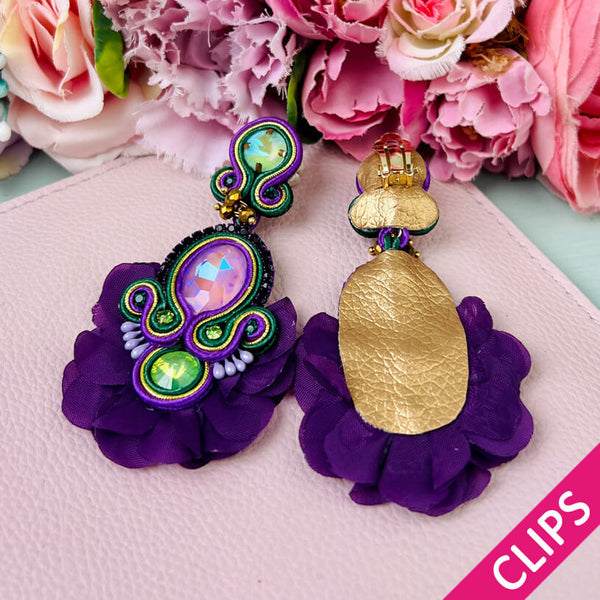 Außergewöhnliche Soutache-Ohrclips in Violett und Grün