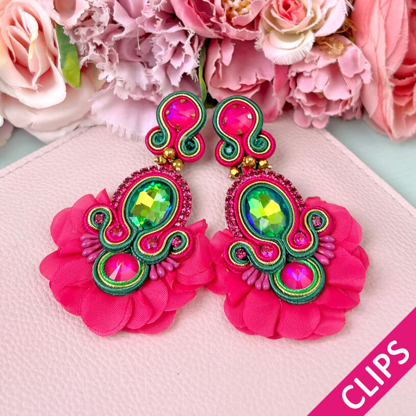 Außergewöhnliche Soutache-Ohrclips in Pink und Grün
