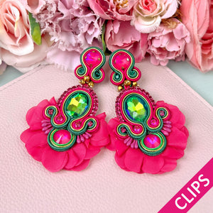 Außergewöhnliche Soutache-Ohrclips in Pink und Grün