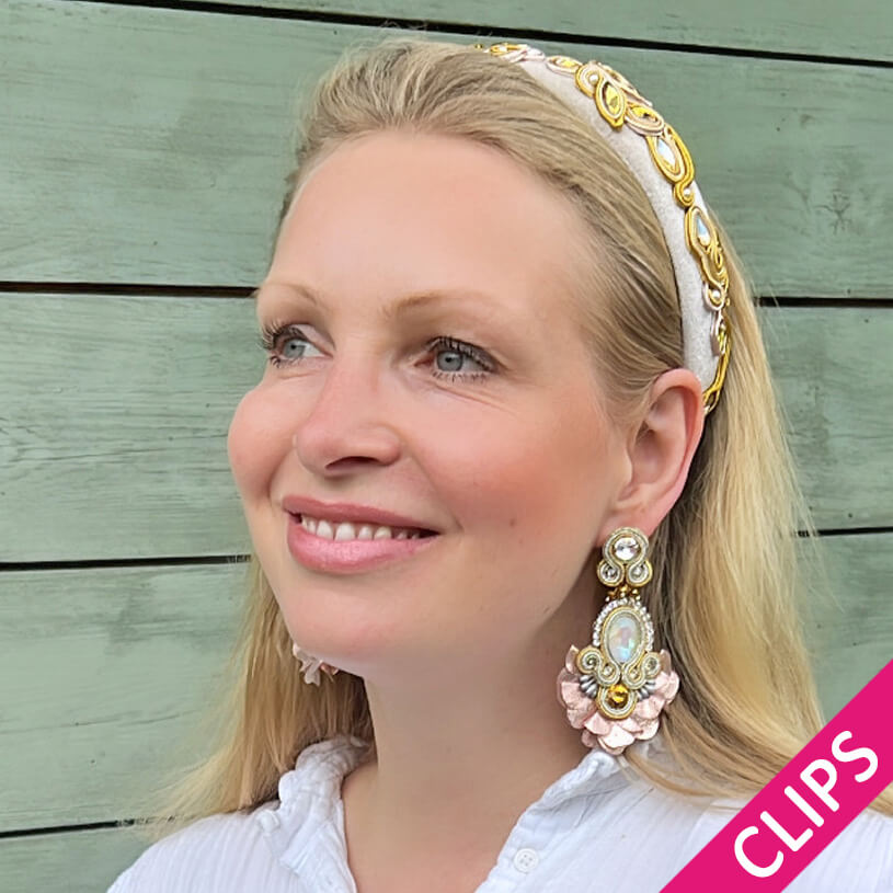 Außergewöhnliche Soutache-Ohrclips in Lachs und Champagner