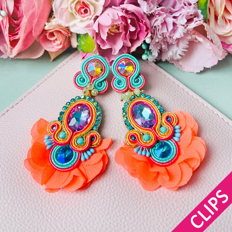 Außergewöhnliche Soutache-Ohrclips in leuchtendem Orange