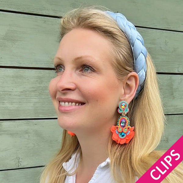 Außergewöhnliche Soutache-Ohrclips in leuchtendem Orange