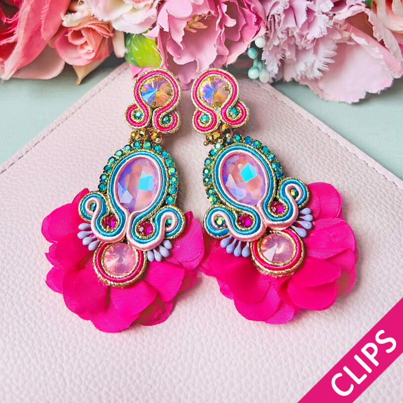 Außergewöhnliche Soutache-Ohrclips in leuchtendem Pink