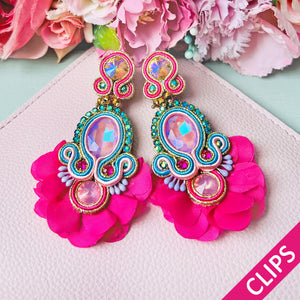 Außergewöhnliche Soutache-Ohrclips in leuchtendem Pink