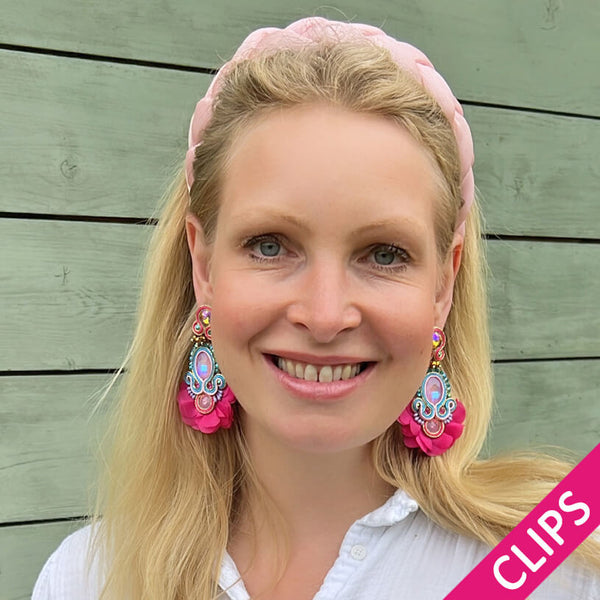 Außergewöhnliche Soutache-Ohrclips in leuchtendem Pink