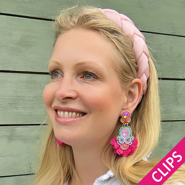 Außergewöhnliche Soutache-Ohrclips in leuchtendem Pink