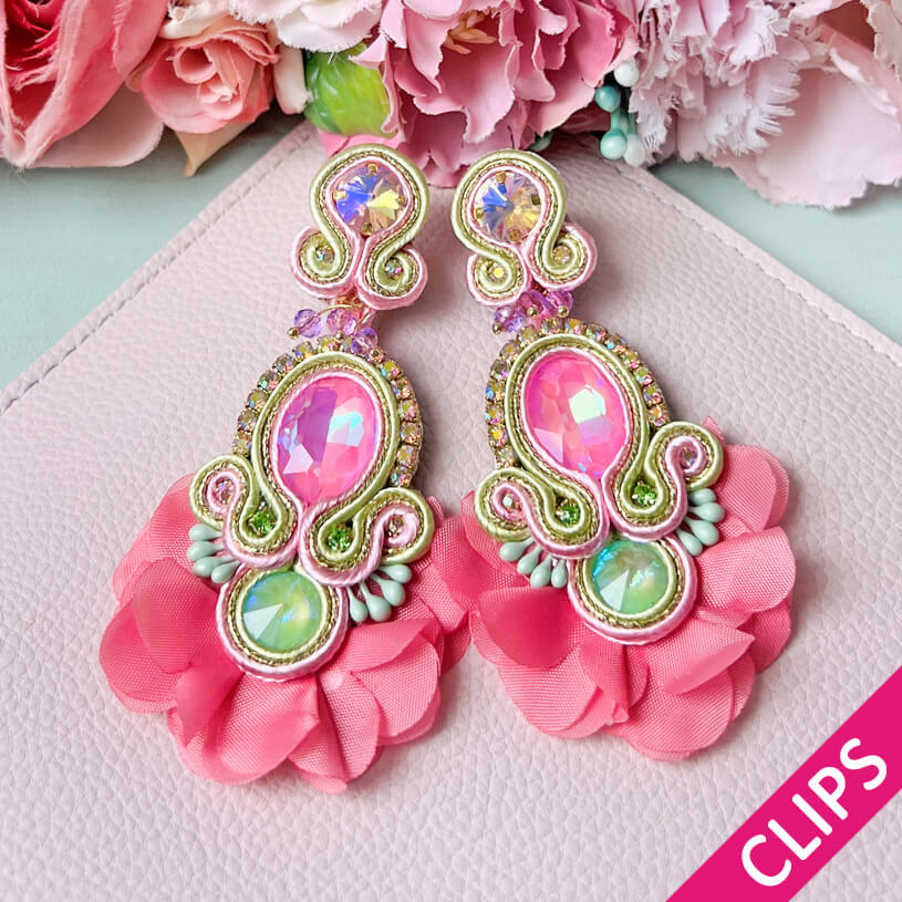 Außergewöhnliche Soutache-Ohrclips in Rosa
