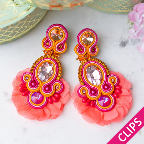 Außergewöhnliche Soutache-Ohrclips in leuchtendem Pink und Orange