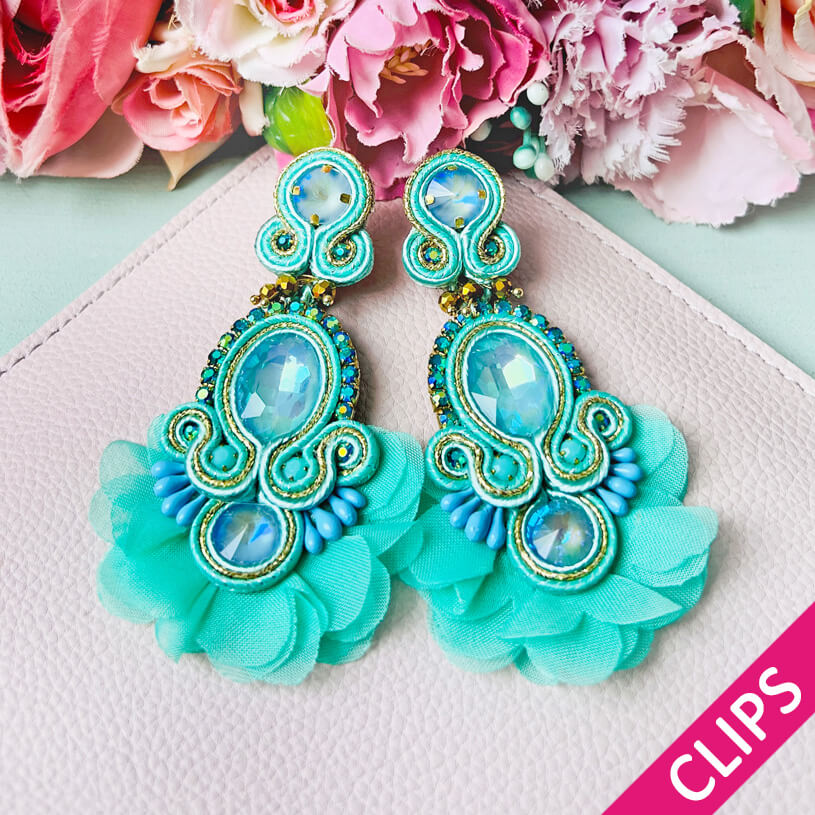Außergewöhnliche Soutache-Ohrclips in Türkis