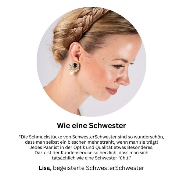 Hübsche kleine Soutache-Ohrringe mit goldfarbenen Bändern und schimmernden Steinen und Tropfe