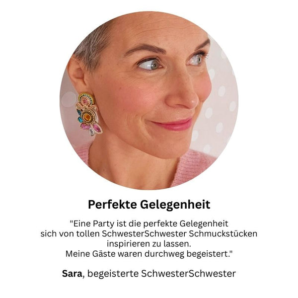 Aufwändige Soutacheohrstecker in Pink, Blau und Gelb