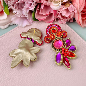 Aufwändige Soutacheohrstecker in Pink und Violett