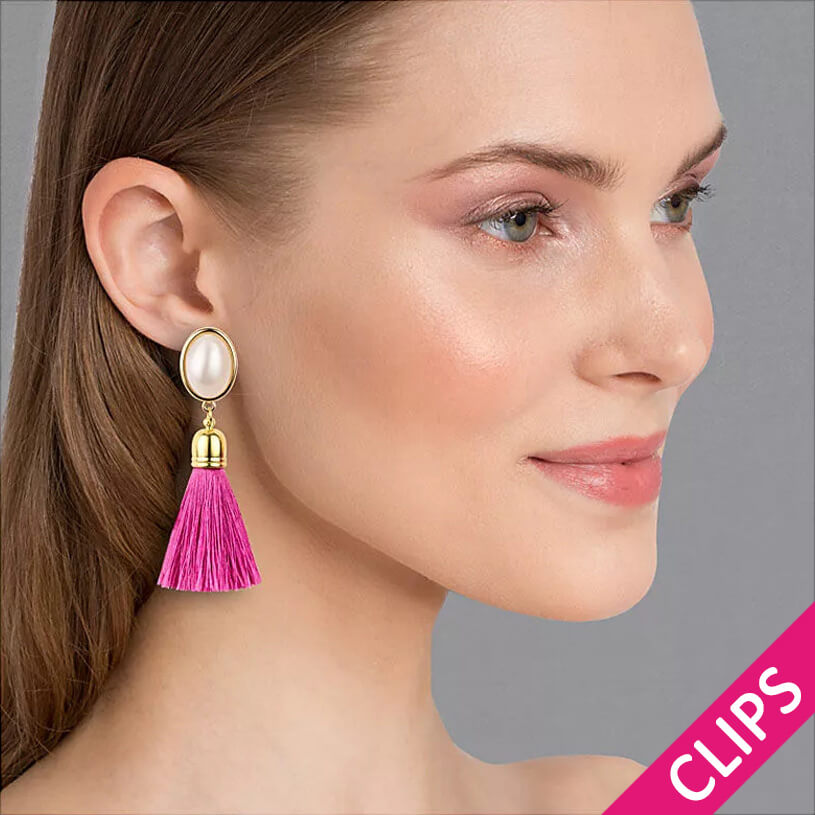 Quasten-Ohrringe als Clips in Perlmuttoptik mit pinkfarbener Quaste