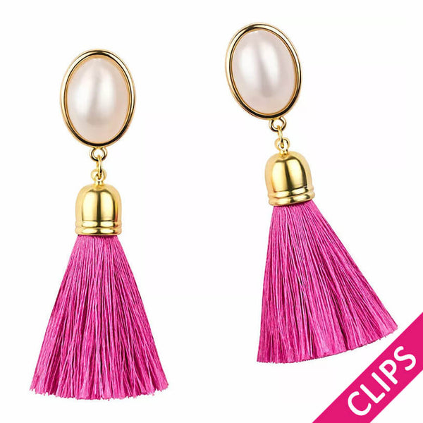 Quasten-Ohrringe als Clips in Perlmuttoptik mit pinkfarbener Quaste