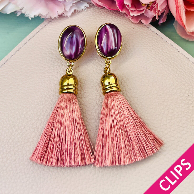 Quasten Ohrclips in Amethyst mit Quaste in Puderrosa