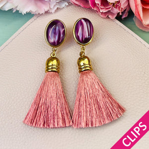 Quasten Ohrclips in Amethyst mit Quaste in Puderrosa