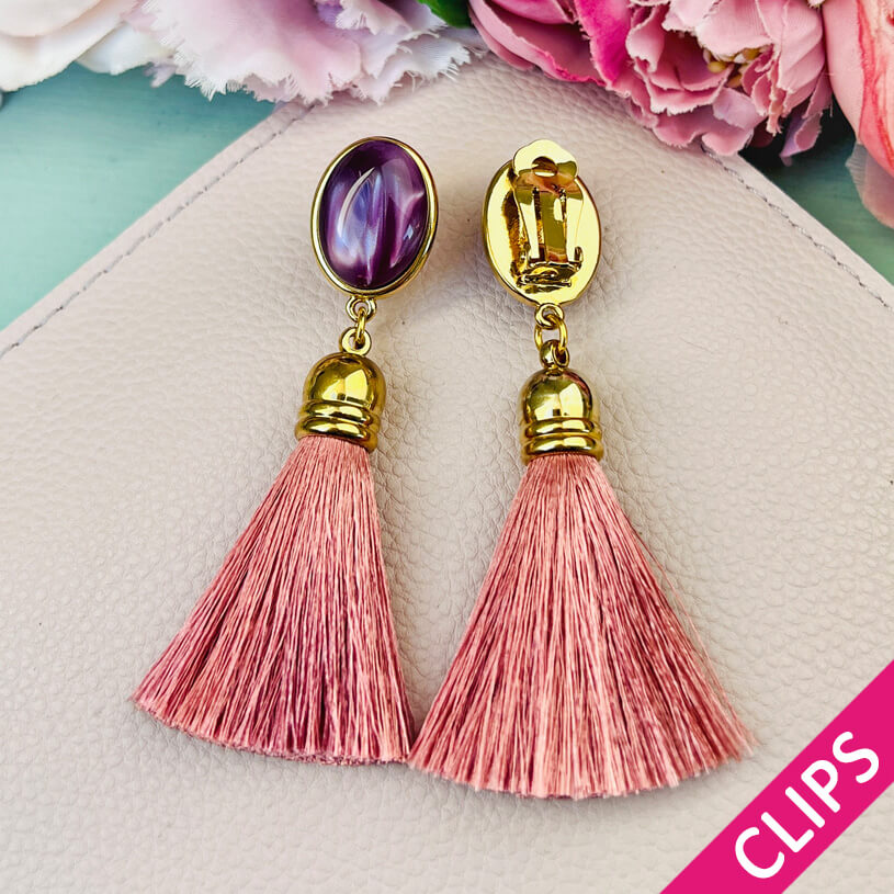 Quasten Ohrclips in Amethyst mit Quaste in Puderrosa