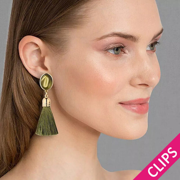Ohrclips in Senfgelb-Grün mit Quaste