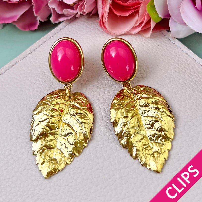Ohrclips in Pink mit goldenen Blatt von AmuseToi